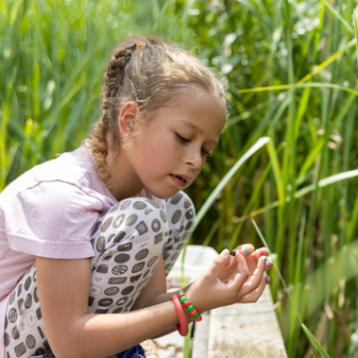 young girl looking at water bug in front of a wetland