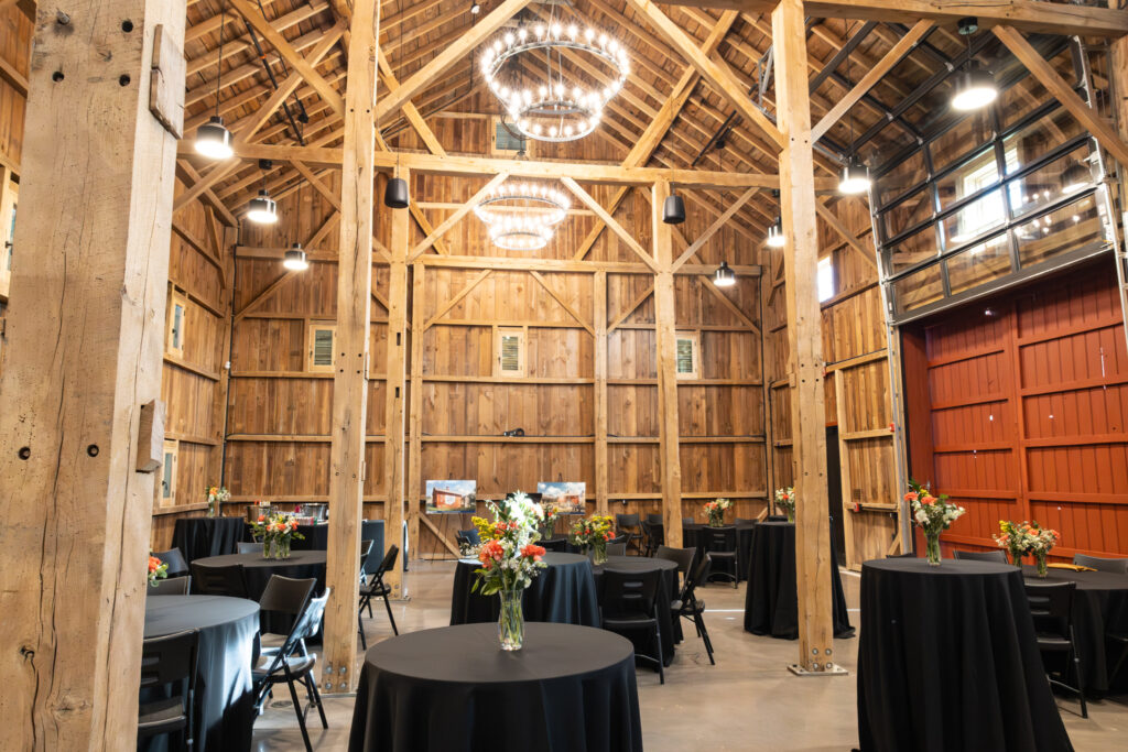 event hall set up with round tables and chairs
